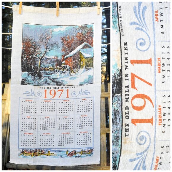 Vintage 1971 Linen Calendar Towel 'Old Mill in Winter' Currier & Ives Watermill - Picture 1 of 8
